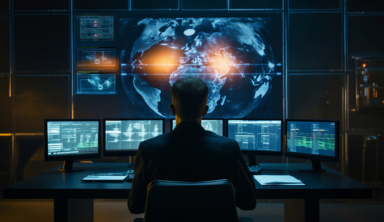 Cybersecurity analyst in a SOC (Security Operations Center) monitoring global threat activity on multiple screens, using data-driven insights to detect and respond to cyberattacks.